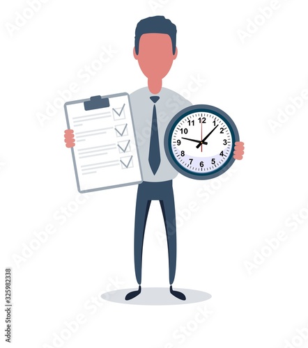 Businessman or clerk. Male character in trendy simple style with objects, flat vector illustration. Business concept. Isolated on white background.