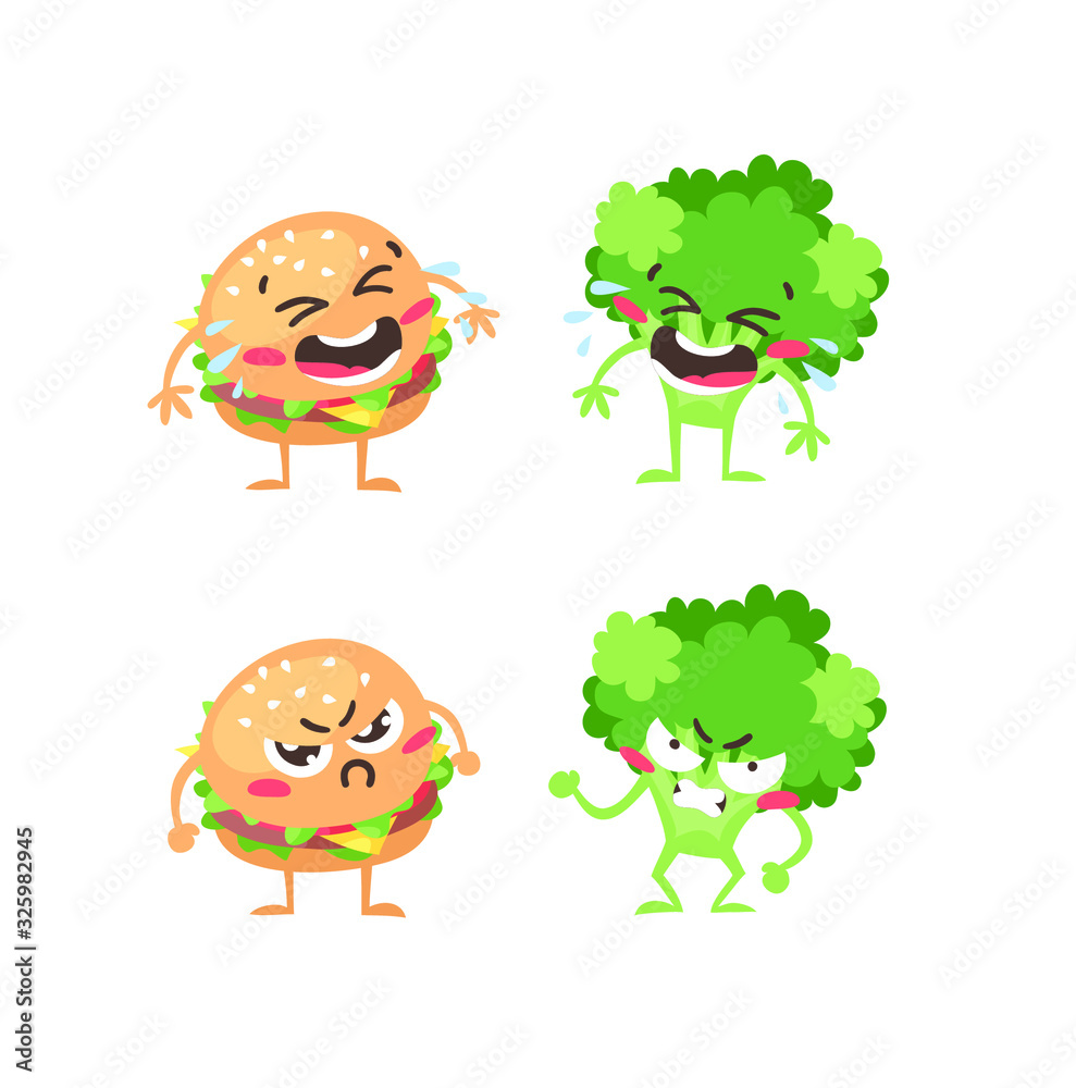 Cartoon drawing set of emoji. Hand drawn emotional meal.Actual Vector illustration broccoli and burger. Creative ink art work fast food