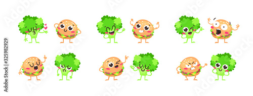 Cartoon drawing set of emoji. Hand drawn emotional meal.Actual Vector illustration broccoli and burger. Creative ink art work fast food © pomolchim