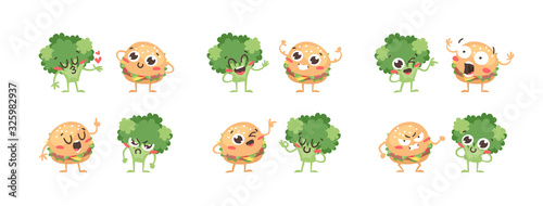 Cartoon drawing set of emoji. Hand drawn emotional meal.Actual Vector illustration broccoli and burger. Creative ink art work fast food