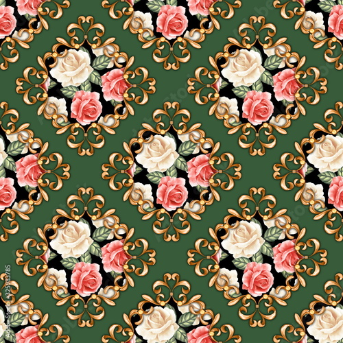 Seamless pattern with golden curls. Roses and baroque background