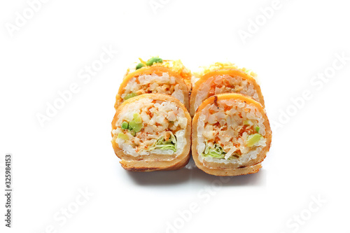 Sushi with caviar, kimchi, cucumber and avocado wrapped in a tamago nigiri omelette. Sushi on a white background