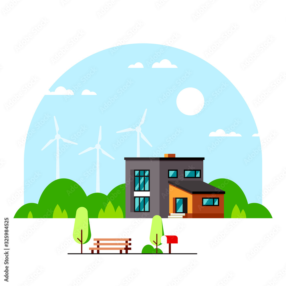 Modern house with wind turbines on background Modern house with wind turbines on background