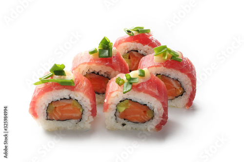 Sushi with tuna and salmon. Rolls wrapped in rice. Traditional Japanese sushi on a white background.