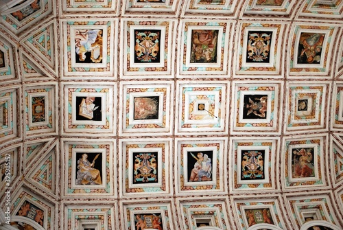 Ceiling detail showing multiple individual scenes inside the Hospital de Santiago, Ubeda, Spain.