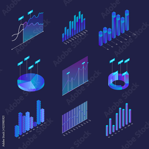 Data Finance Graphic Sign 3d Icon Set Isometric View. Vector