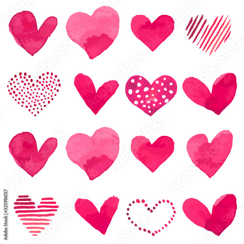 Vector watercolor illustrated pink love hearts set for Valentine s day