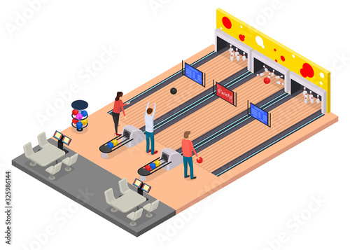 Color Characters People and Bowling Alley Concept 3d Isometric View. Vector