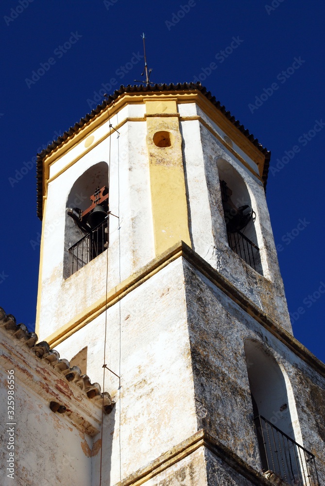View of the bell tower to the Incarnation Church, Yunquera, Spain.