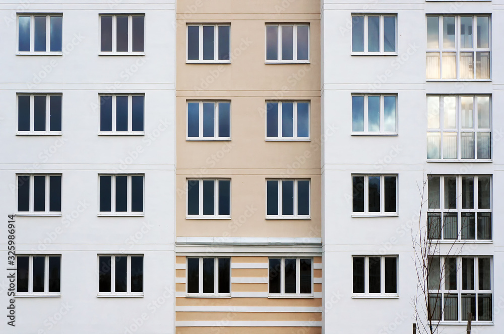 Exterior of modern apartment building.