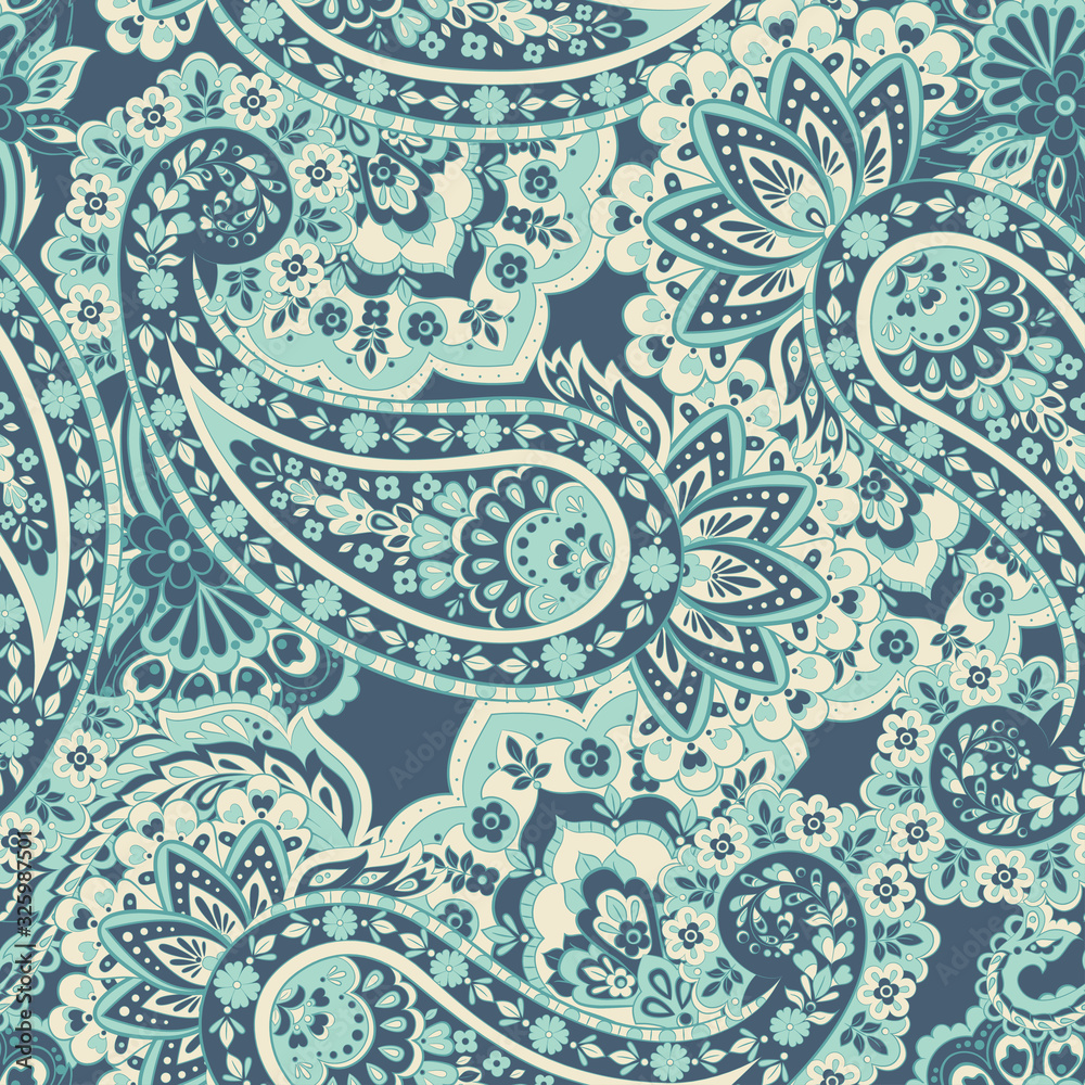 Paisley seamless pattern with flowers in indian style. 