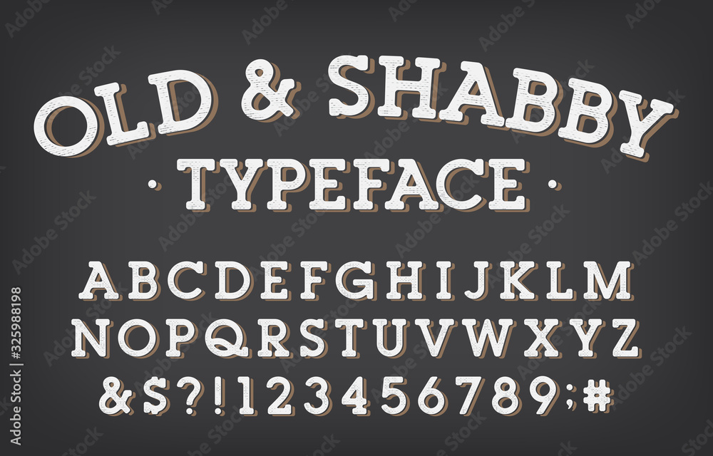 Old and Shabby alphabet font. Vintage letters and numbers. Stock vector typeface for your typography design.