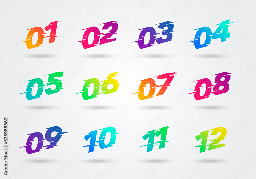 Fototapeta premium Vector illustration Bullet Points With Glitch Effect. Distortion Numbers 1 to 12.