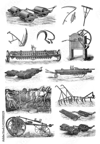 old agriculture rollers collage /antique engraved illustration from Brockhaus Konversations - Lexikon 1908