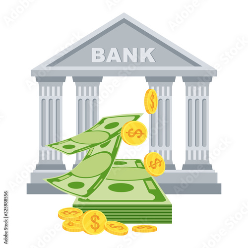 Bank building and a bundle of money. Flat vector cartoon illustration
