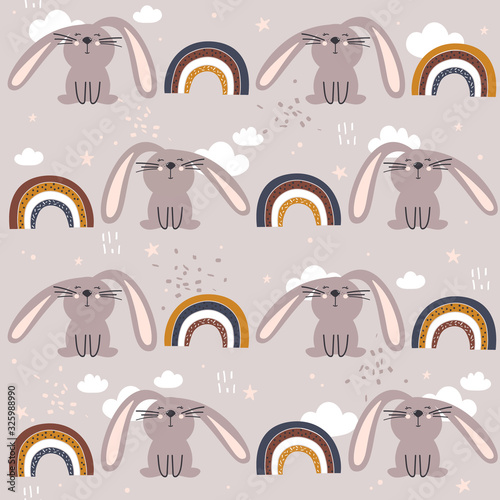 Happy bunnies, hand drawn backdrop. Colorful seamless pattern with animals, sky. Decorative cute wallpaper, good for printing. Overlapping background vector, rabbits