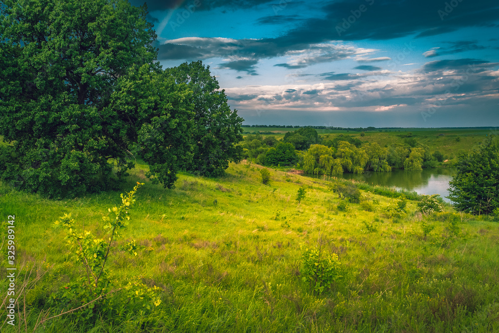 Obraz premium Fields landscape in summer sunset and sunrise