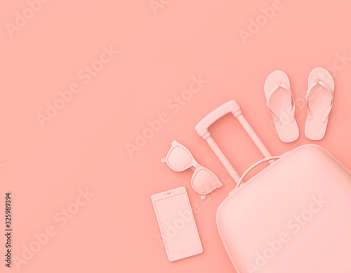Flat lay pink suitcase, sunglasses, smartphone and flip flops isolated on pastel pink background