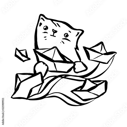 Kitten and paper boats. Vector illustration in line art style. On white background.