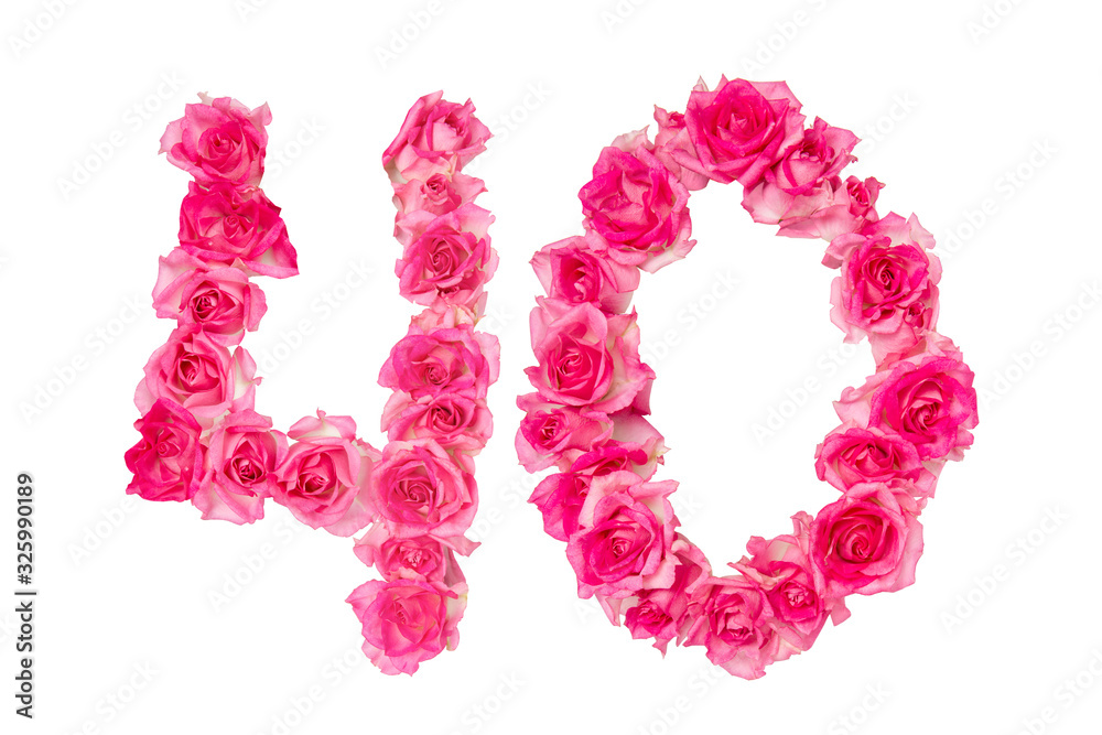 Number 40 made from pink roses on a white isolated background. Element for decoration. Anniversary, holiday.