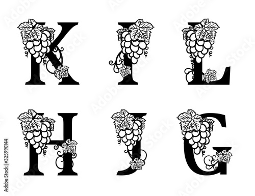 Elegant Wine Logo. Monogram Letters K, I, L, H, J, G. Calligraphic template logotype or insignia for Food and drinks. Design emblem for winery, vineyard, wine shop, wine list, restaurant, label.