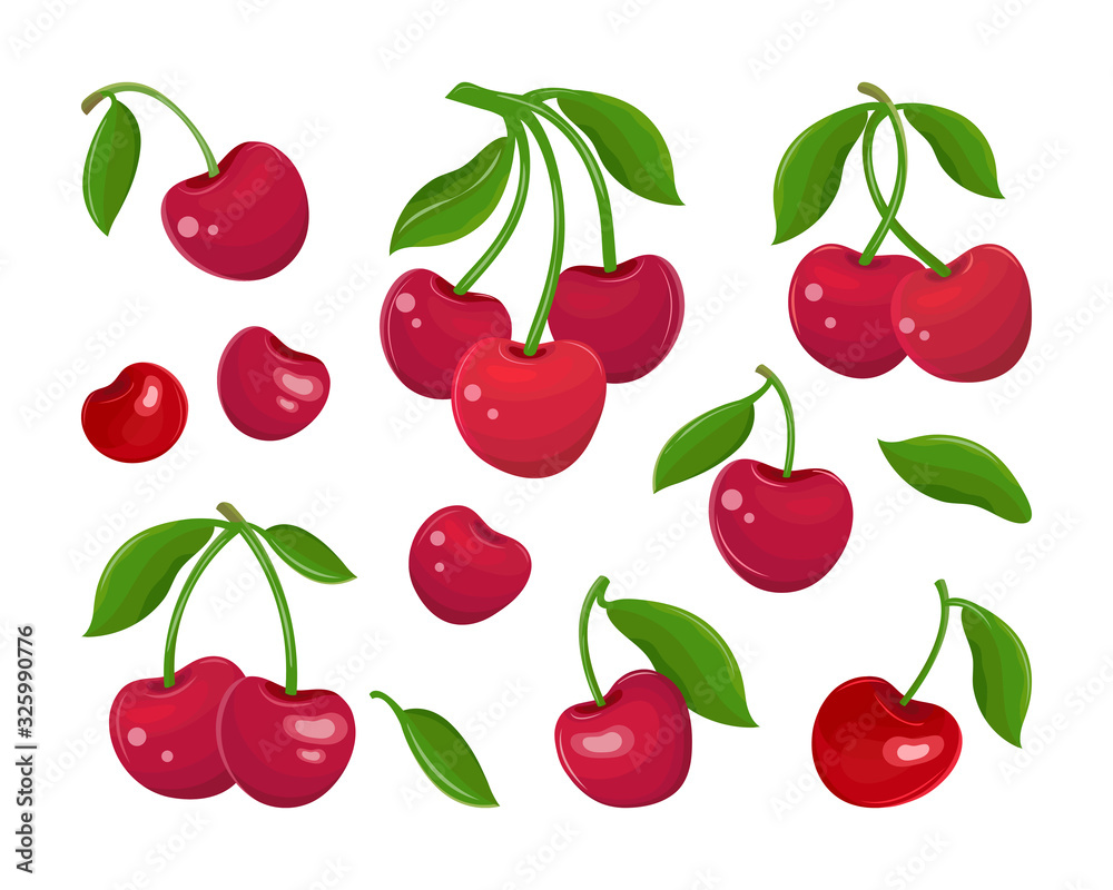 Set of red cherries on a white background. Collection of cherry fruits, stems and leaves in vector. Juicy maroon berry. Sweet fruit cartoon. Hand drawn vector flat illustration Set of red cherries on a white background. Collection of cherry fruits, stems and leaves in vector. Juicy maroon berry. Sweet fruit cartoon. Hand drawn vector flat illustration