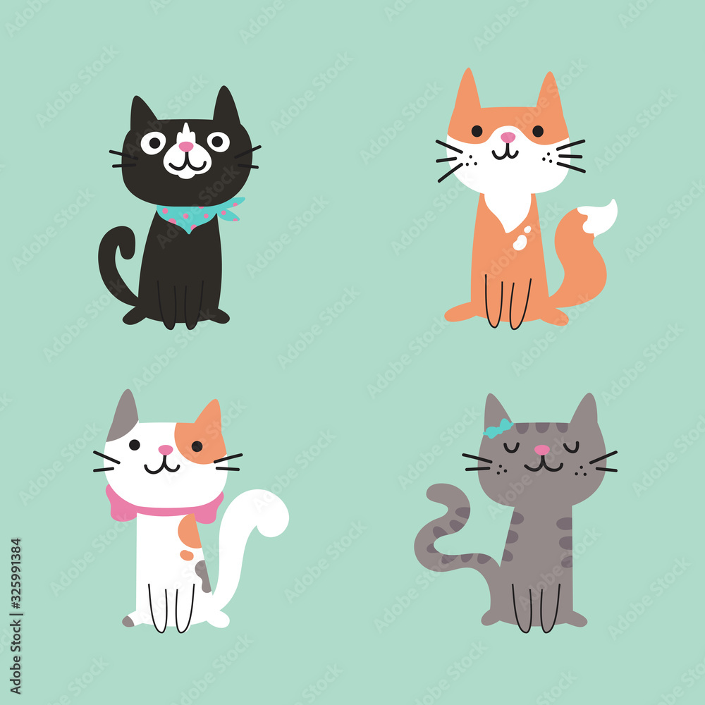 Set of different cartoon cats.Four lovely kittens sitting together.Hand drawn pets.Vector flat cartoon illustration isolated on blu background.Template design.