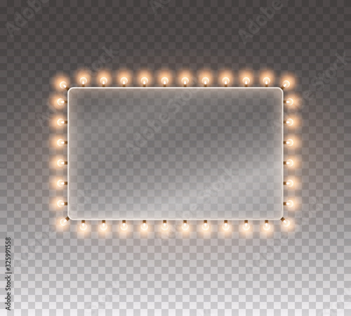 Hollywood lights. Illuminated realistic banner isolated on transparent background. Vector shine string bulbs frame. Las Vegas casino night sign. .