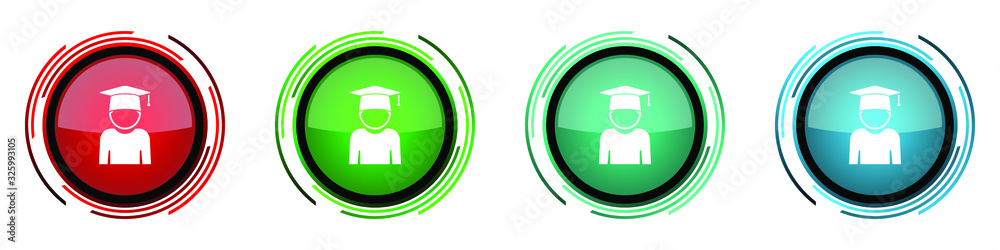 Educate round glossy vector icons, education, graduate, male student set of buttons for webdesign, internet and mobile phone applications in four colors options isolated on white background Educate round glossy vector icons, education, graduate, male student set of buttons for webdesign, internet and mobile phone applications in four colors options isolated on white background