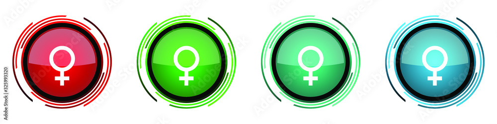 Female round glossy vector icons, set of buttons for webdesign, internet and mobile phone applications in four colors options isolated on white background