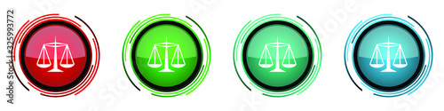 Justice round glossy vector icons, set of buttons for webdesign, internet and mobile phone applications in four colors options isolated on white background