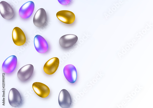 Basic RGBHappy easter with easter holographic, gold and silver eggs. Horizontal template for products, advertizing, web banners, leaflets, certificates and postcards. Vector illustration Vector
