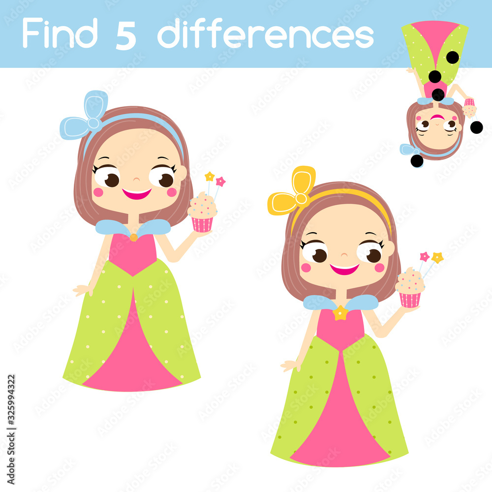 Find the differences educational children game. Kids activity with sweet princess girl Find the differences educational children game. Kids activity with sweet princess girl