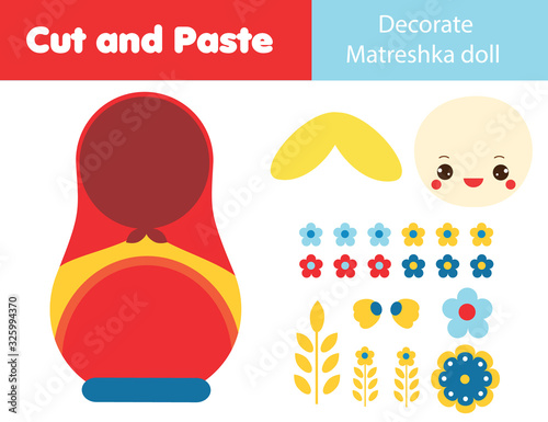 creative children educational game. Paper cut activity. Make a russian matreshka doll with glue and scissors