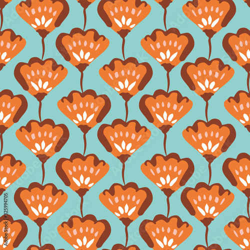 Retro Orange Florals on Aqua Background Vector Seamless Pattern. Cute Colorful Kids Vintage Fashion Flowers Print. Bright and Bold Spring-Summer Tulips Repeat