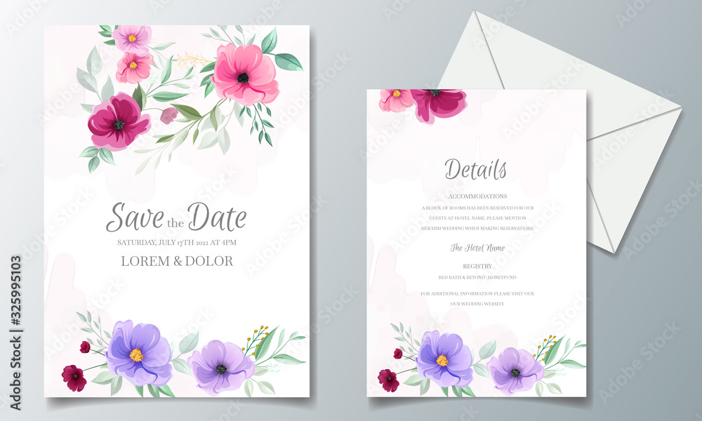 Colorful hand drawn floral wedding invitation card