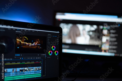 Editor display video editing color grading to upload content on social media or worldwide photo