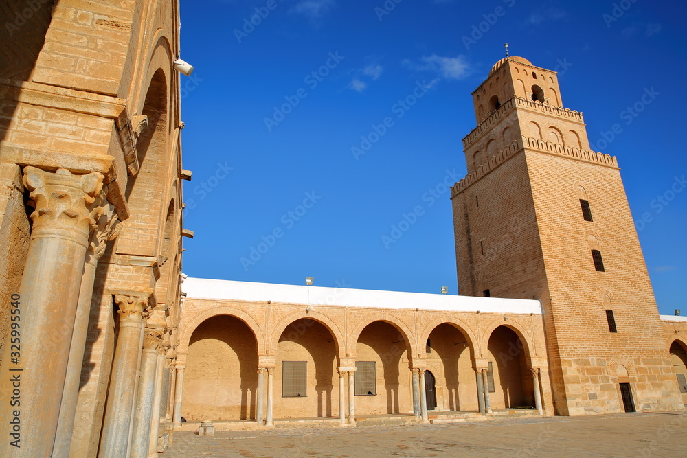 The courtyard of the Great Mosque of Kairouan, Tunisia, with columns and the minaret