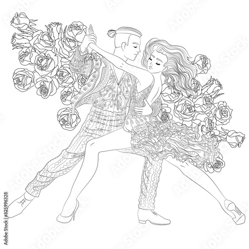 Beautifull dancing couple in a patterned outfit for coloring book for adults drawn in zentangle style