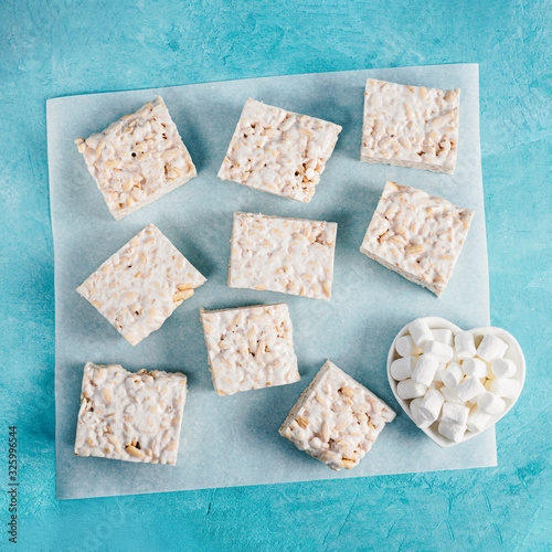 Homemade bars of Marshmallow and crispy rice photo