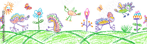 Crazy fantastic doodle birds animal or insect set on flower meadow. Seamless border background. Crayon like kids hand drawn funny flying monster vivid plant. Vector pastel chalk or pencil art border