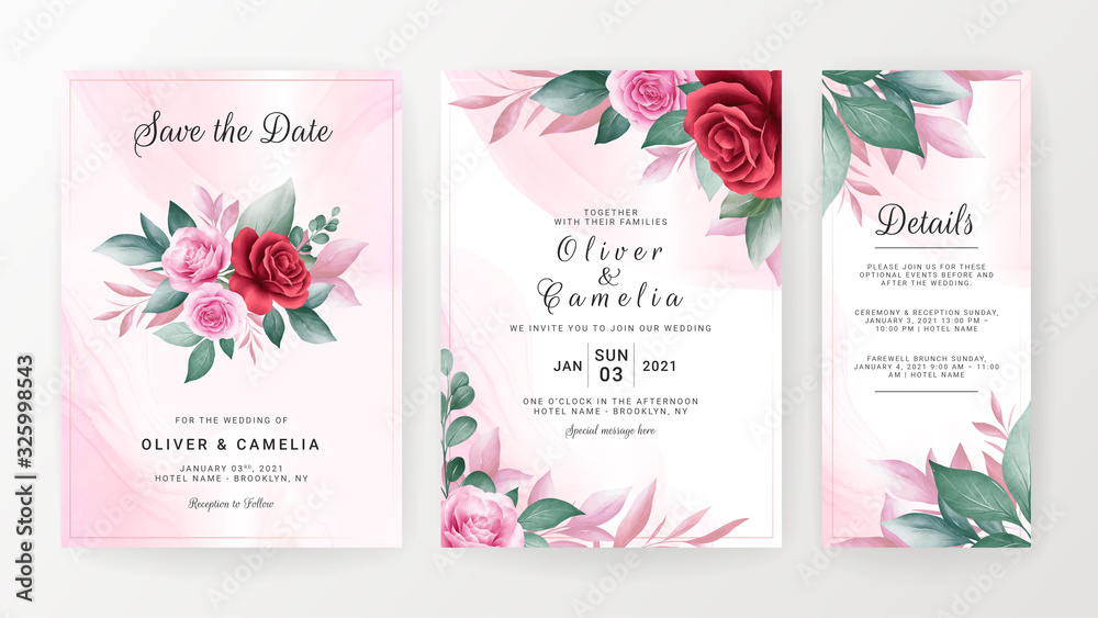 Wedding invitation card template set with watercolor floral border. Flowers decoration for save the date, greeting, rsvp, thank you, poster, cover, etc. Botanic illustration vector