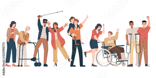 Happy disabled people with their friends and family. Blind man, girl with prosthetic leg, old man with walker, people with wheelchair and crutches