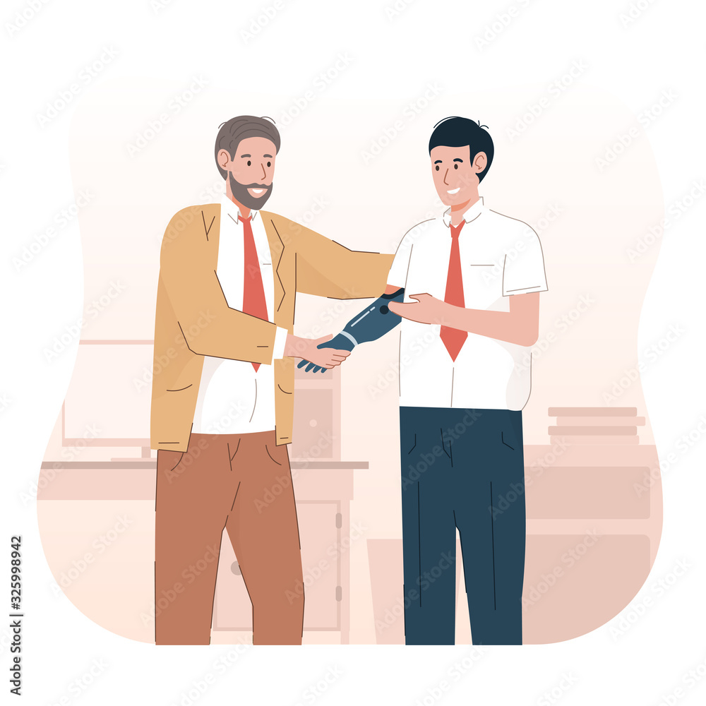 Obraz premium Businessman with prosthetic hand shaking hands. Man with disabilities working