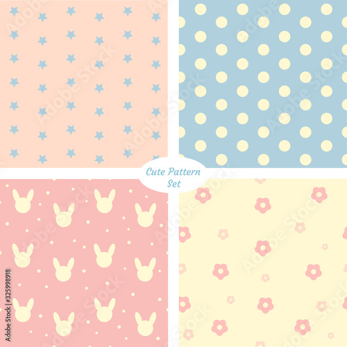 Children's pattern set. Cute seamless background: circles, rabbit, flowers, stars. Pastel color. Vector illustration.