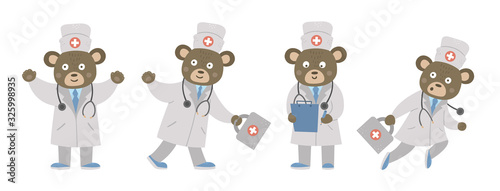 Set of vector bear doctors in medical hat with stethoscope. Cute funny animal character. Medicine picture for children. Healthcare icon isolated on white background.