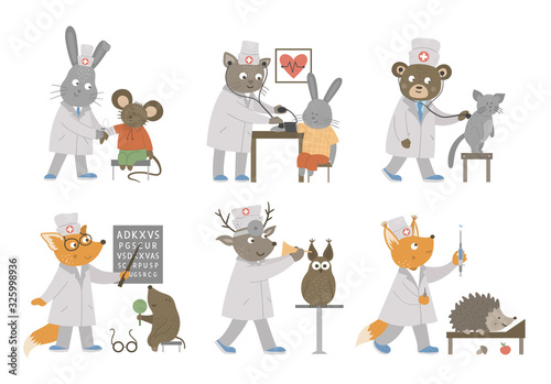 Set of vector animal doctors treating patients. Cute funny characters. Medicine picture for children. Hospital scenes isolated on white background.