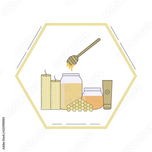 Set: jars of honey, wax candles, cosmetics with honey and propolis, honeycombs. Vector illustration. Logo, icon for honey stores.