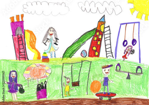 Child drawing of a happy Sports Family with kids,having fun outdoor photo