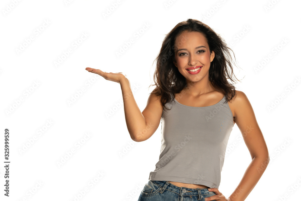 Happy dark skinned woman holding imaginary object Happy dark skinned woman holding imaginary object